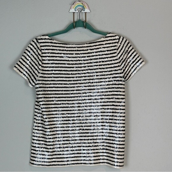 J. Crew Black Ivory Sequined Striped Short Sleeve Top XS - Picture 3 of 7
